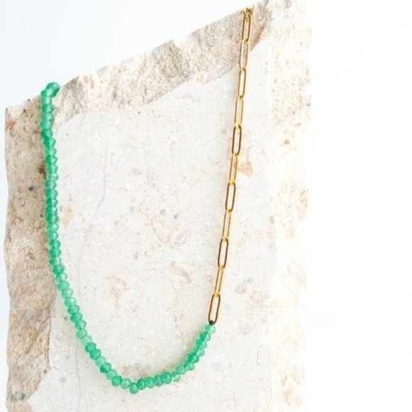 BUNDLE EARRING AND NECKLACE Green Aventurine Sparkly hoops half paperclip chain - Picture 9 of 16